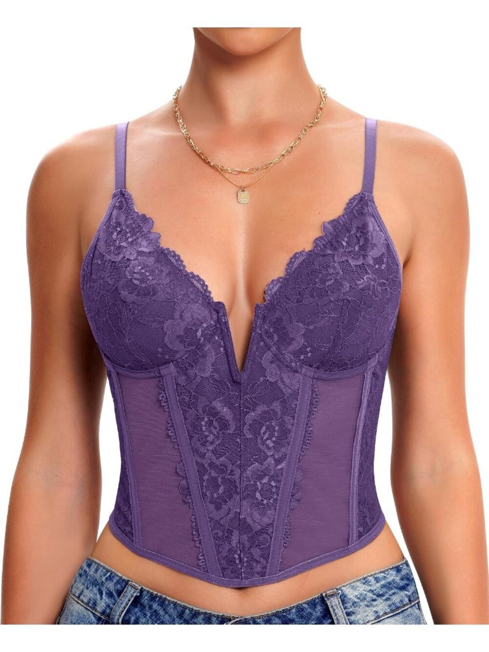 Womens Purple V-neck Boned Bodice 3-row Back Hook Underwire Mesh Lace Corset Top